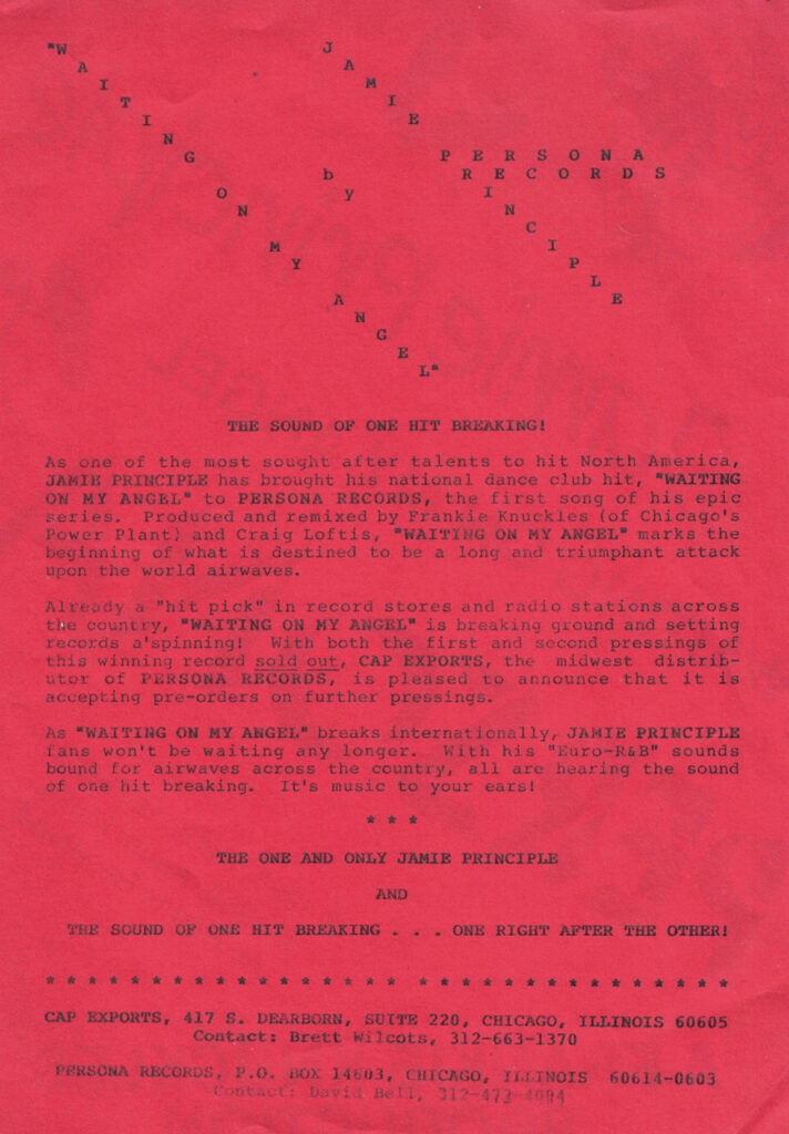 Promotext Persona Records Jamie Principle Waiting on my Angel